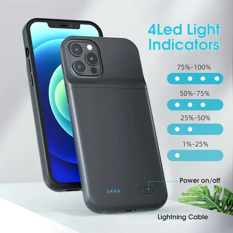 for iPhone 11 12 13 14 Pro Max XS Max XR 6 7 8 Plus SE 5S 13 Mini Battery Charger Case Portable Power Bank Charging Cover Capa